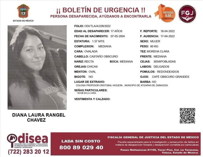 Buscan a Diana Laura Rangel Chávez desaparecida en Atizapán